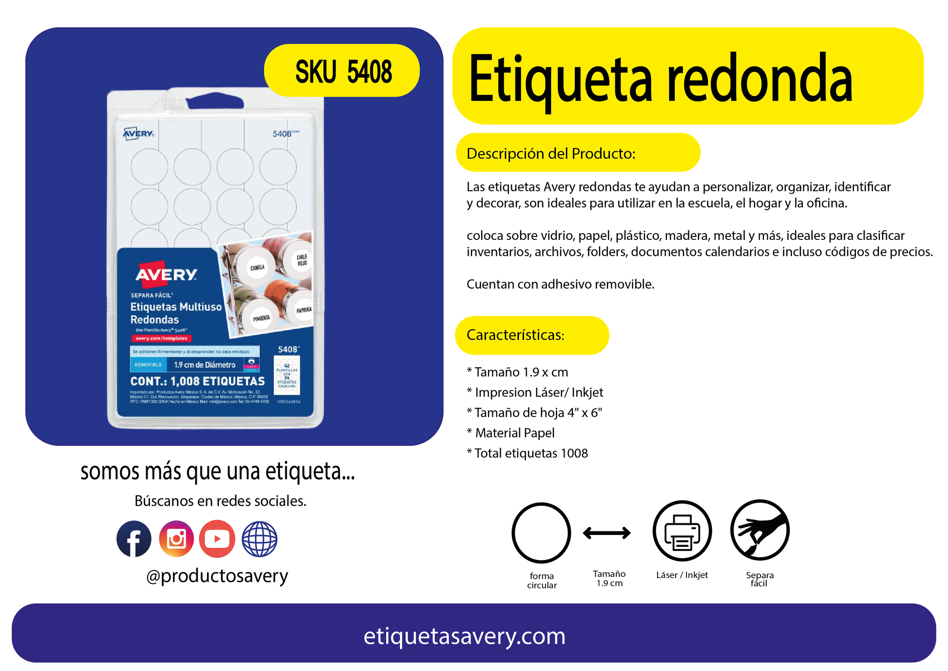 1008 Etiquetas Redonda Removible Avery Blanco 1.9cm Codigo - Marchante MX