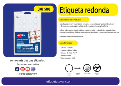 1008 Etiquetas Redonda Removible Avery Blanco 1.9cm Codigo - Marchante MX