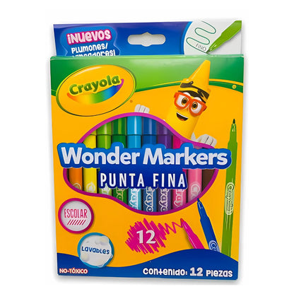 12 Plumones Escolar Punta Fina Wonder Marker Lavable Crayola