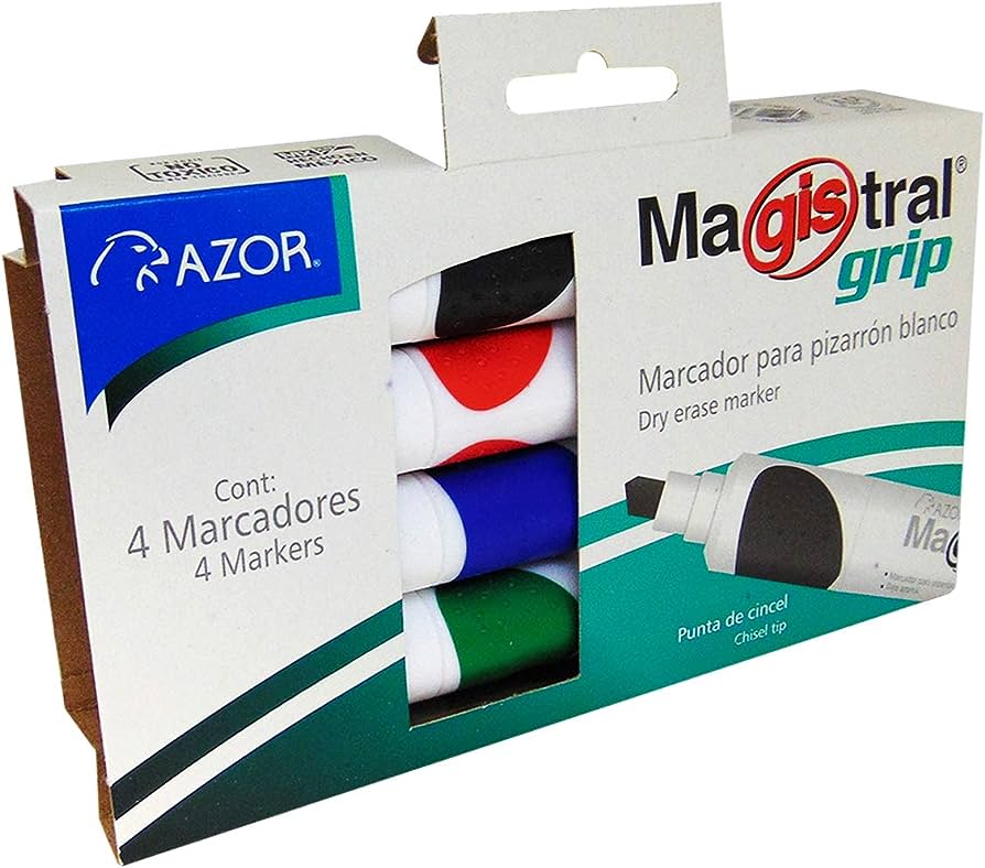 Marcadores Azor para Pizarrón Blanco Magistral Grip Cincel 6mm 4 Piezas