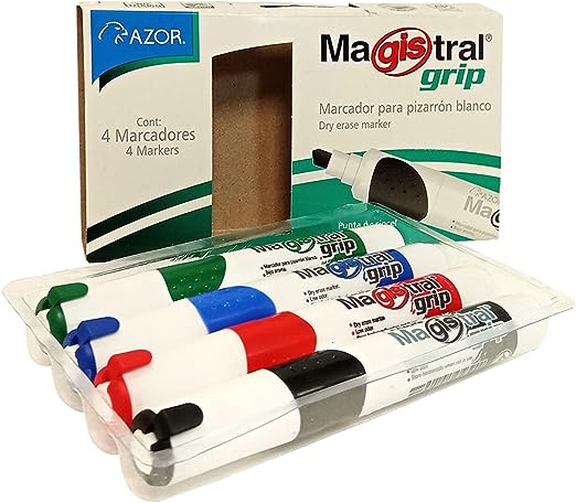 Marcadores Azor para Pizarrón Blanco Magistral Grip Cincel 6mm 4 Piezas