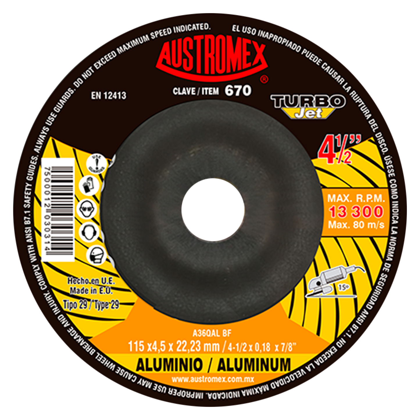 Disco Abrasivo 670 Austromex Desbaste Aluminio, de 115 x 4.5 x 22.23 mm