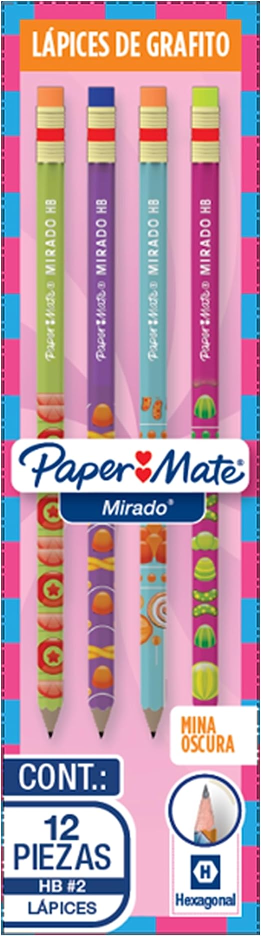 Lápices de Grafito Paper Mate Hexagonal Hb #2 Candy Pop 12 Piezas