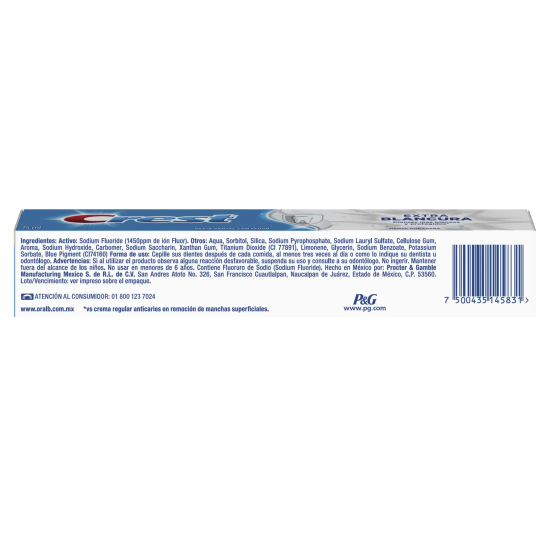 Pasta Dental Crest Extra Blancura 75ml Blanqueamiento Diente - P&amp;G - detalle