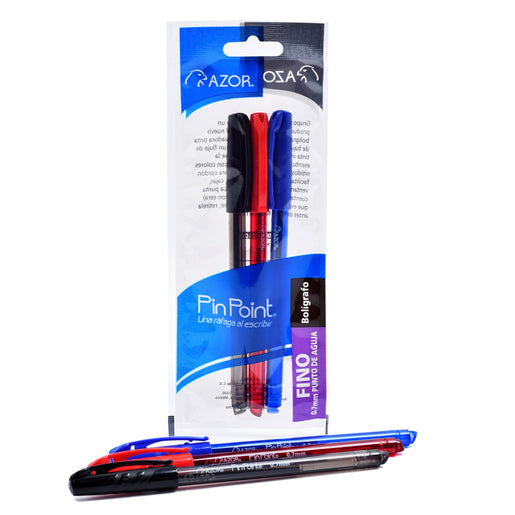 Bolígrafos Plumas Azor Surtido Pin Point Punto Fino 0.7mm 3 Piezas Elige Color - MarchanteMX