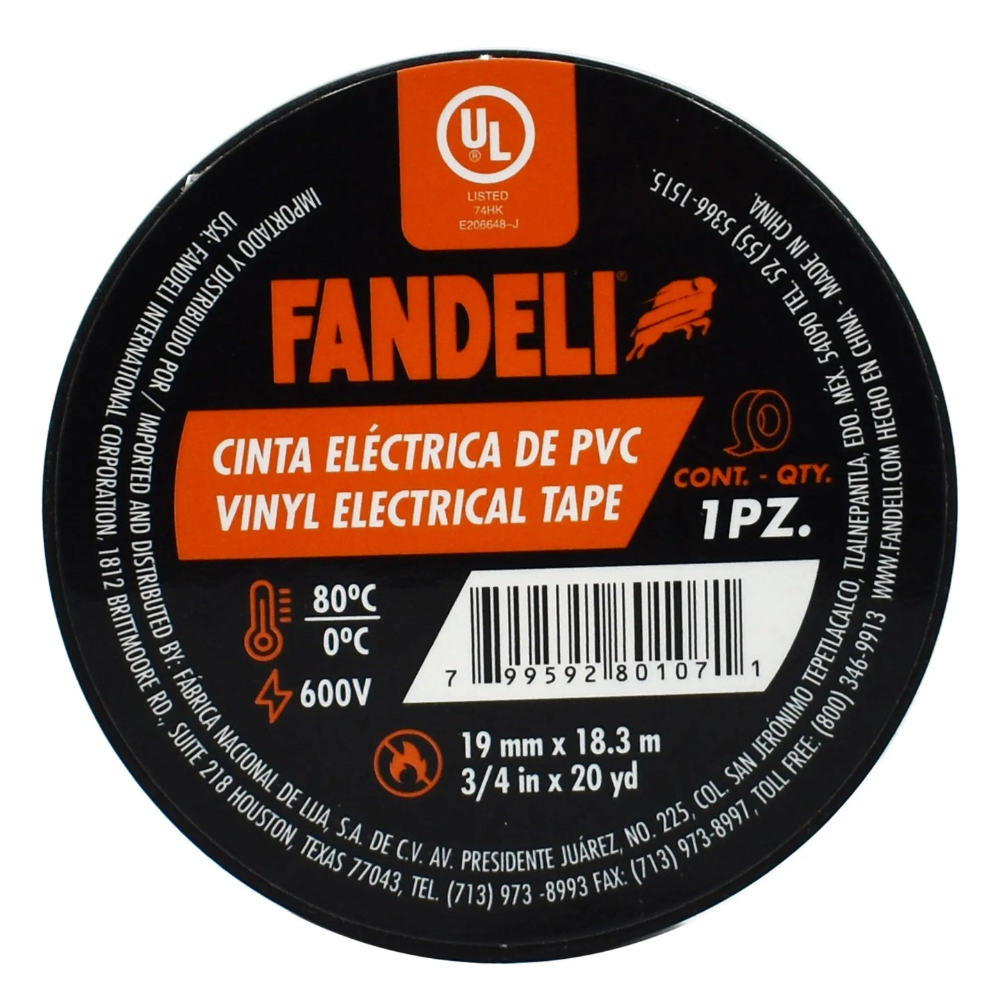 Paquete 10 piezas Cinta Eléctrica de PVC UL Fandeli Negro Alta Resistencia y Adhesión Fandeli