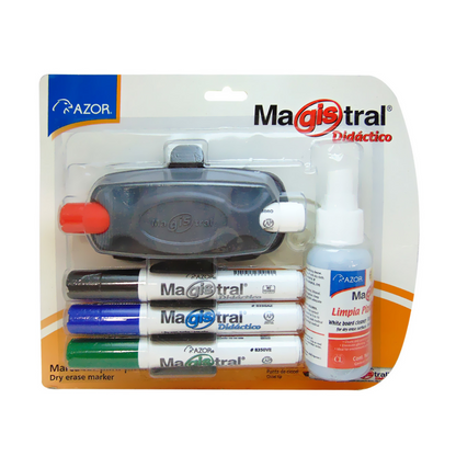 Marcadores Azor Pizarron Blanco Magistral 4 Piezas + Borrador + Liquido