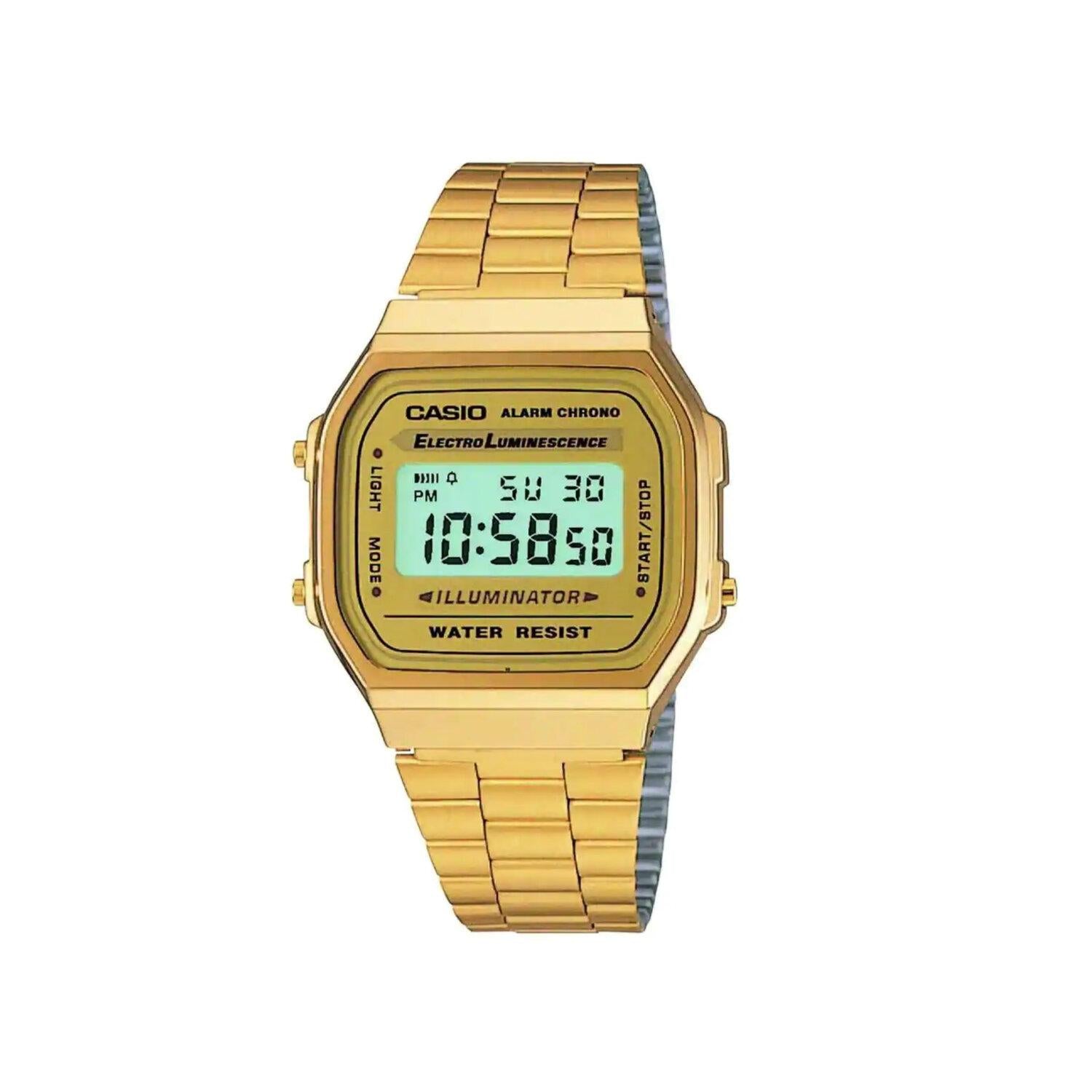 Reloj Vintage Casio A168wg-9 Unisex Color Dorado Fondo Azul