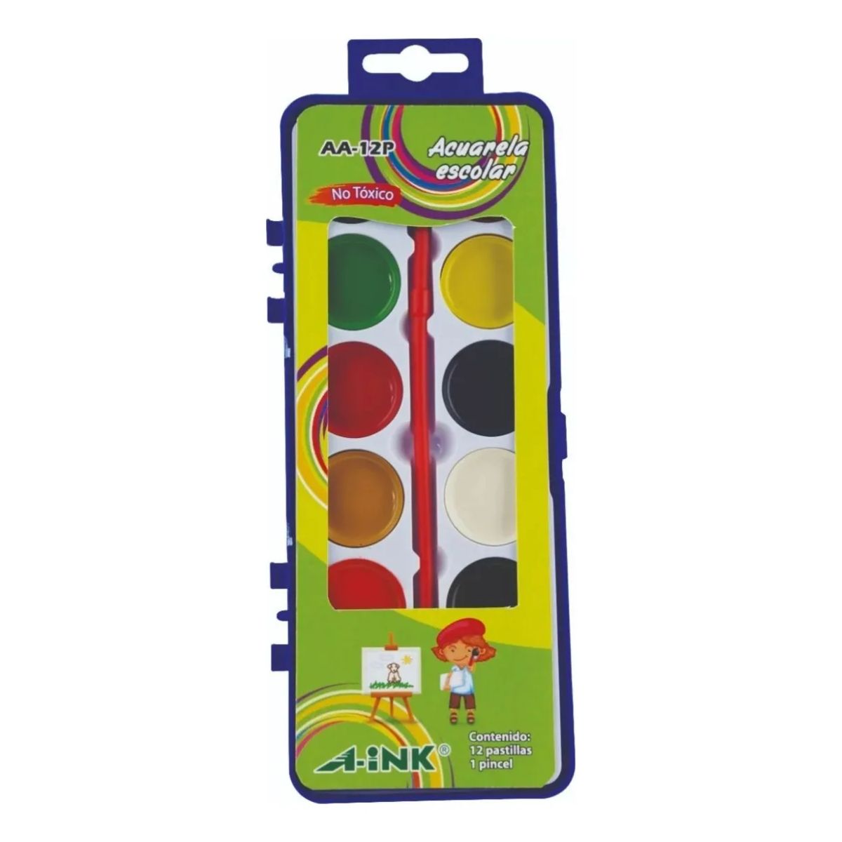 Acuarela Escolar 12 Pastillas Colores A-ink Pincel