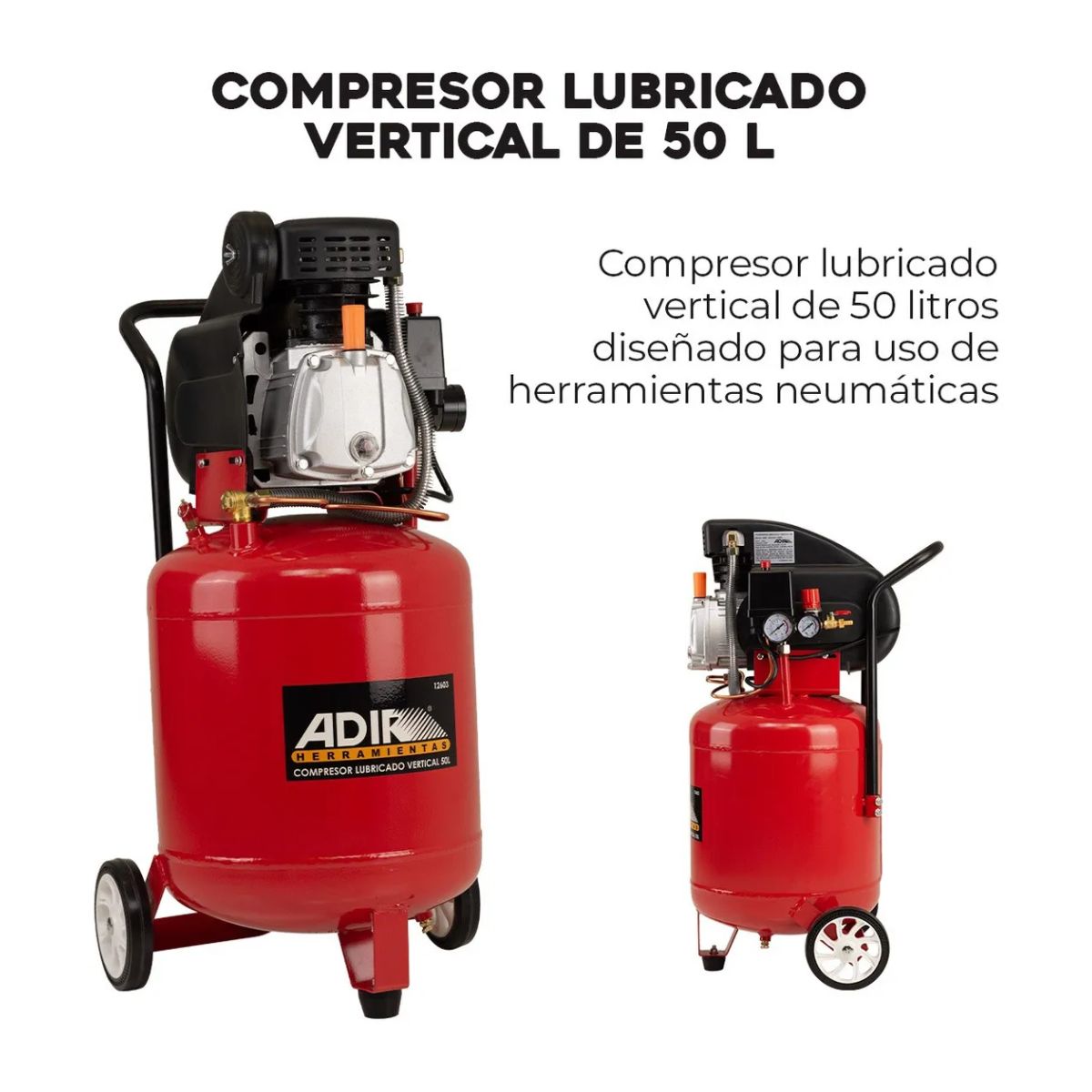 Compresor Eléctrico Lubricado Vertical 3.5hp 50 Lts 116 Psi Adir12603 Color Rojo Versátil Eficaz