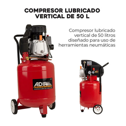 Compresor Eléctrico Lubricado Vertical 3.5hp 50 Lts 116 Psi Adir12603 Color Rojo Versátil Eficaz