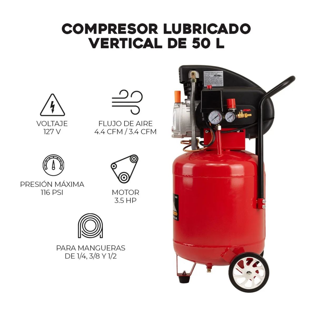 Compresor Eléctrico Lubricado Vertical 3.5hp 50 Lts 116 Psi Adir12603 Color Rojo Versátil Eficaz