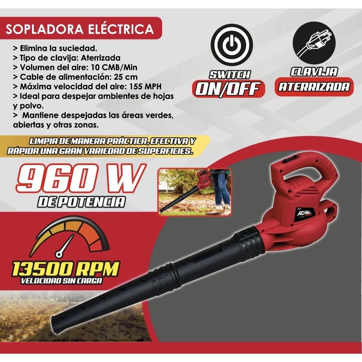 Sopladora Electrica Adir 960 W Baterias 360 km/h