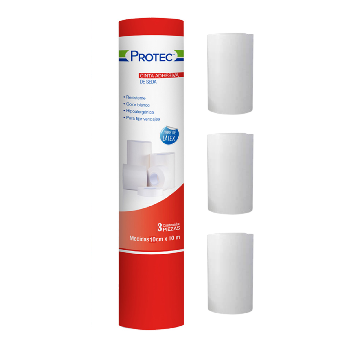 Tela Adhesiva de Acetato Protec 10.0 cm x 10 m – Tubo con 3 Rollos Hipoalergénicos