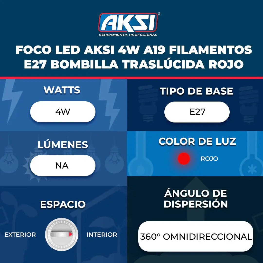 Foco LED Aksi Filamento A19 Rojo 4W Aksi