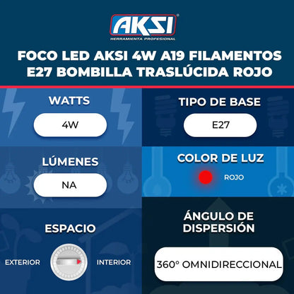 Foco LED Aksi Filamento A19 Rojo 4W Aksi