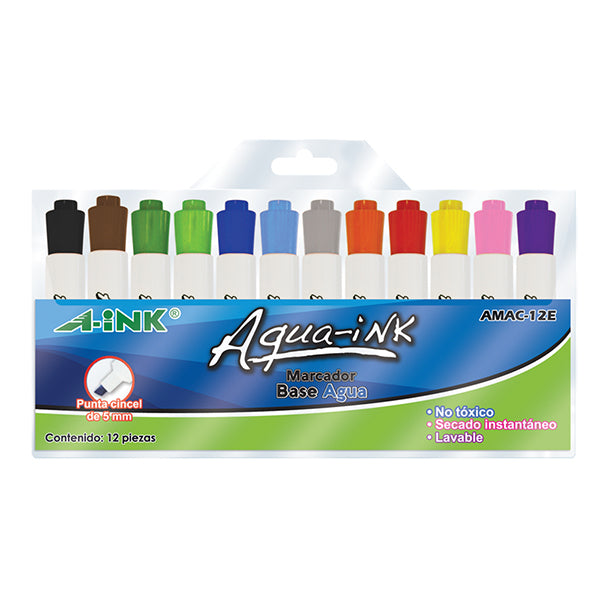 12pzs Marcador Base Agua A-ink Colores Surtidos Pizarron