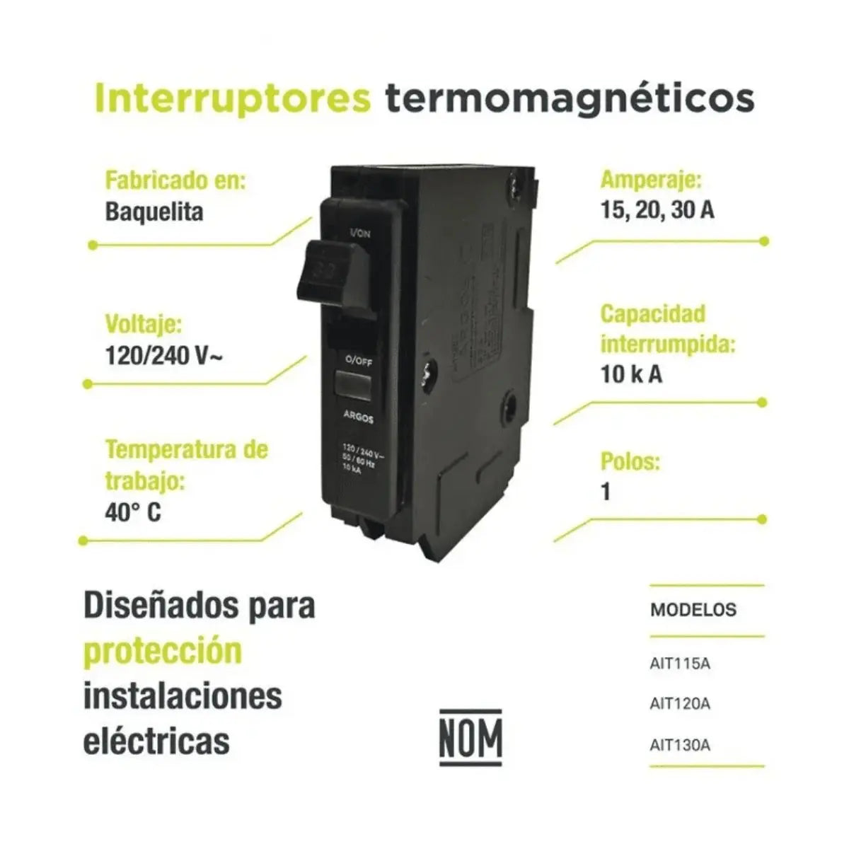 Interruptores Termomagneticos 1Polo 15A 120/240V~ 10kA Argos INNER 10PZ - Argos - detalle