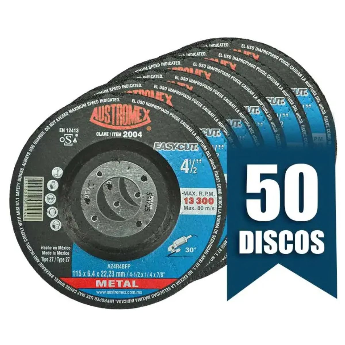 50pz Disco Abrasivo Desbaste Metal Austromex 115 x 6.4 x 22.23 mm