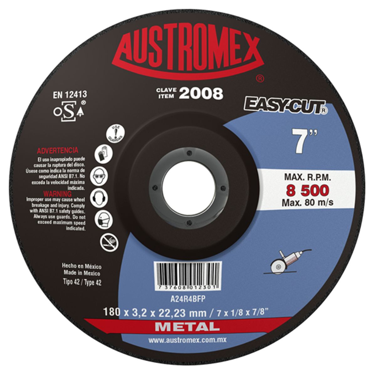 Disco Abrasivo Corte Metal Austromex 180 x 3.2 x 22.23 mm