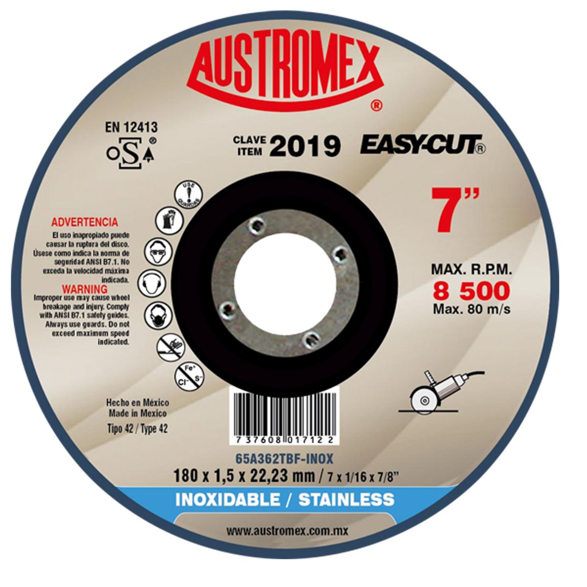 Disco Abrasivo Corte Preciso Austromex Acero Inoxidable 180 x 1.5 x 22.23 mm