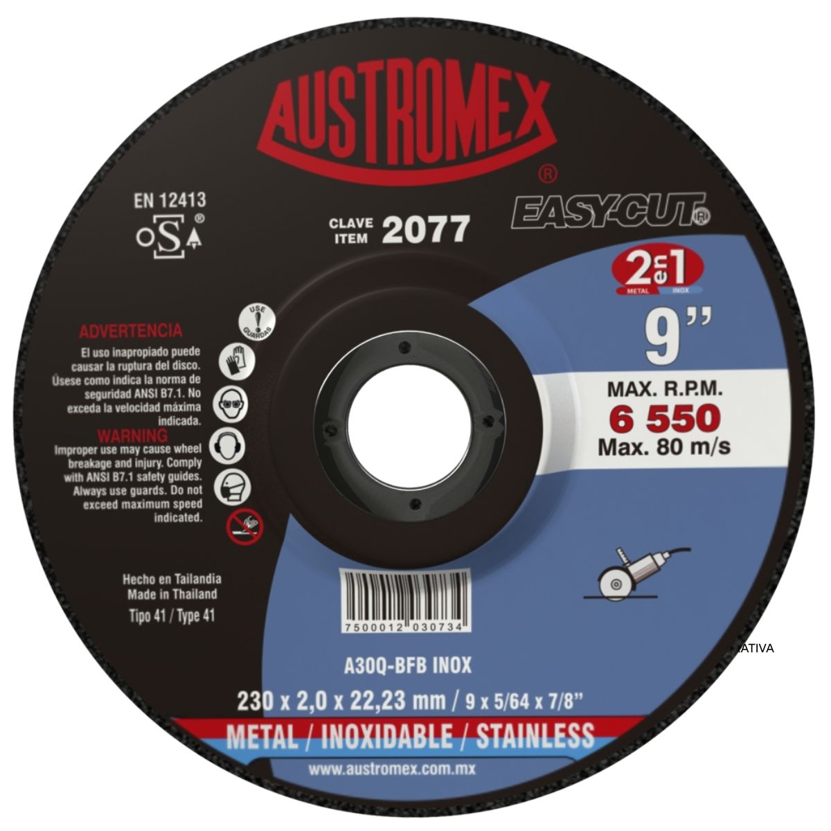 Disco Abrasivo Corte Acero Carbon Acero Inox Austromex 230x2.0x22.23mm