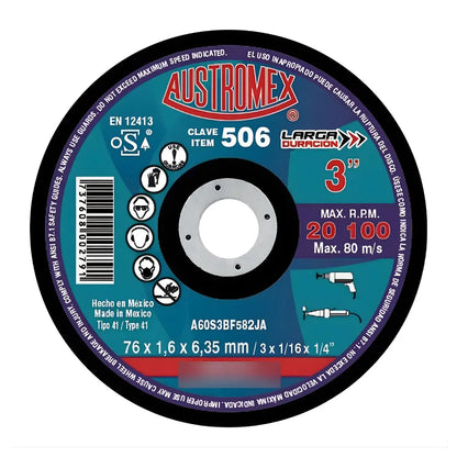 10pz Disco Abrasivo Corte 506 Austromex 3'' Grano 60 Metal Azul Petróleo - Austrodiam