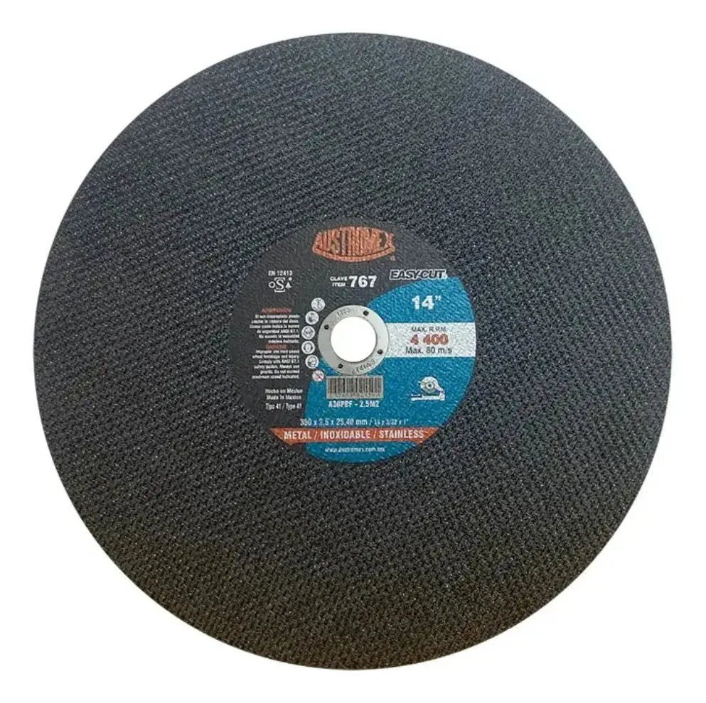 10 pzs Disco abrasivo Austromex tipo 41 grano 30 de 350 x 2.5 x 25.4 mm Metal/Inox - Austrodiam - vista lateral