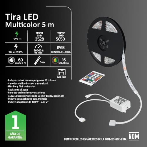 Tira LED Aksi Multicolor RGB Profesional 12W 5 metros Adhesiva