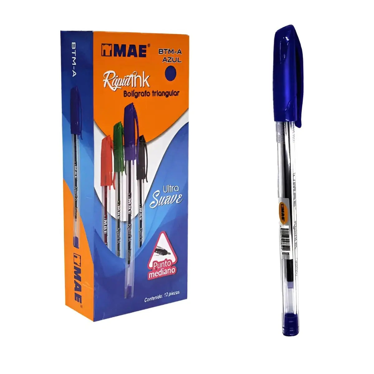 12 Boligrafo Triangular Azul Mae Punto Mediano Ultra Suave MAE
