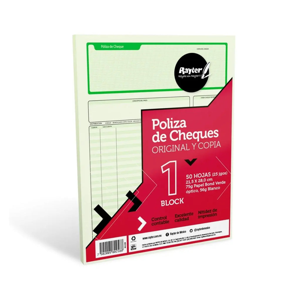 Póliza de cheque Rayter, tamaño carta, c