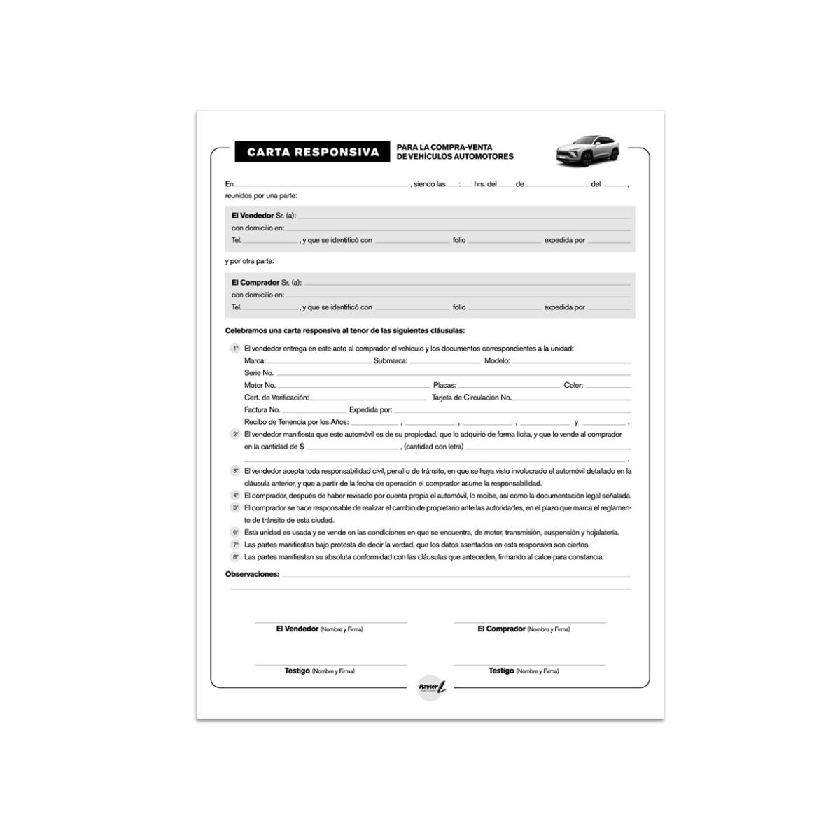 10 Block Carta Responsiva Rayter Compra-venta Autocopiante