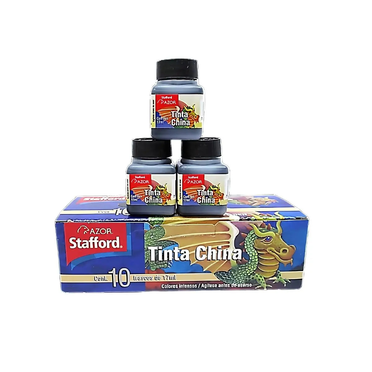 10 Frascos Tinta China Negra Stafford - Stafford - vista lateral