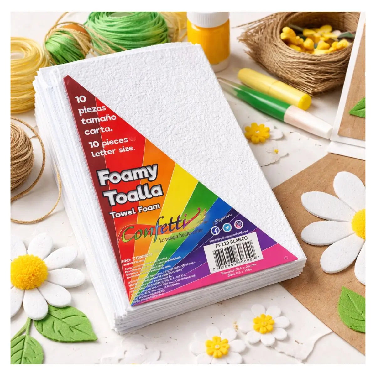 FOAMI TOALLA TAMAÑO CARTA PQT C/ 10 PZS Blanco - Confetti - empaque