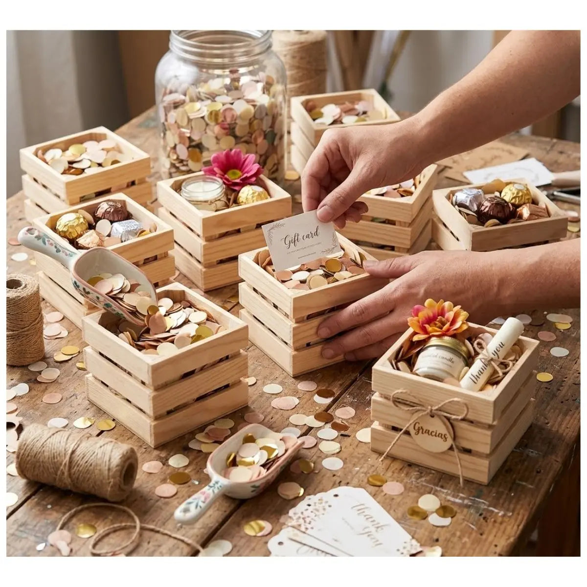 PACK 10 HUACAL DE MADERA DE 10 X 10 CM 3 TIRAS - Confetti - empaque