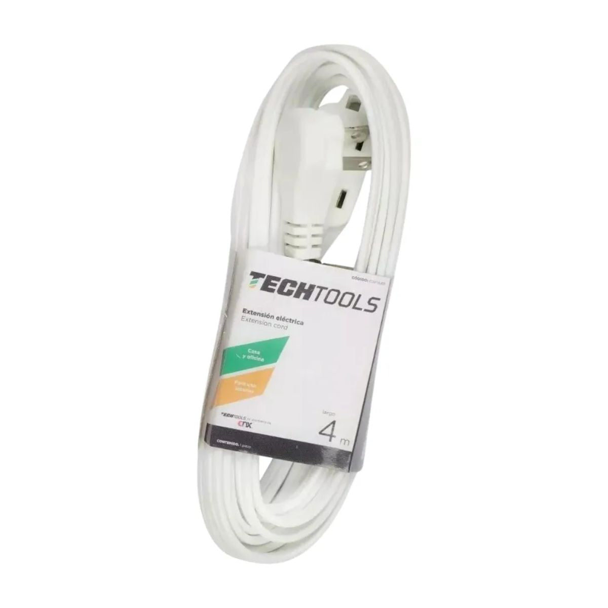 Extensión Eléctrica Blanca 4m Techtools Clavija Plana Color Blanco