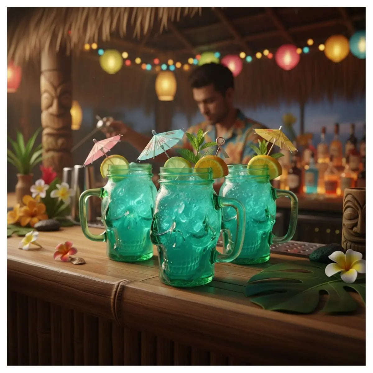 3 Mason Jar Calavera COLOR con Asa 16oz VERDE Sin Tapa Sin Popote - Drink Lab - detalle