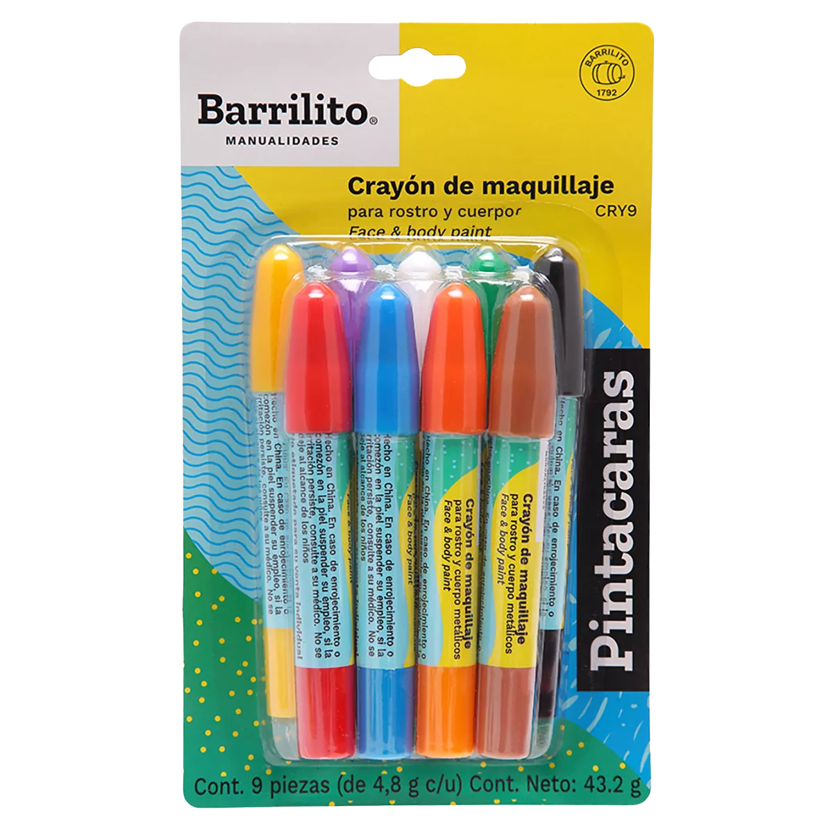 9 Crayones Maquillaje Barrilito Cry9 Colores Rostro Cuerpo Barrilito