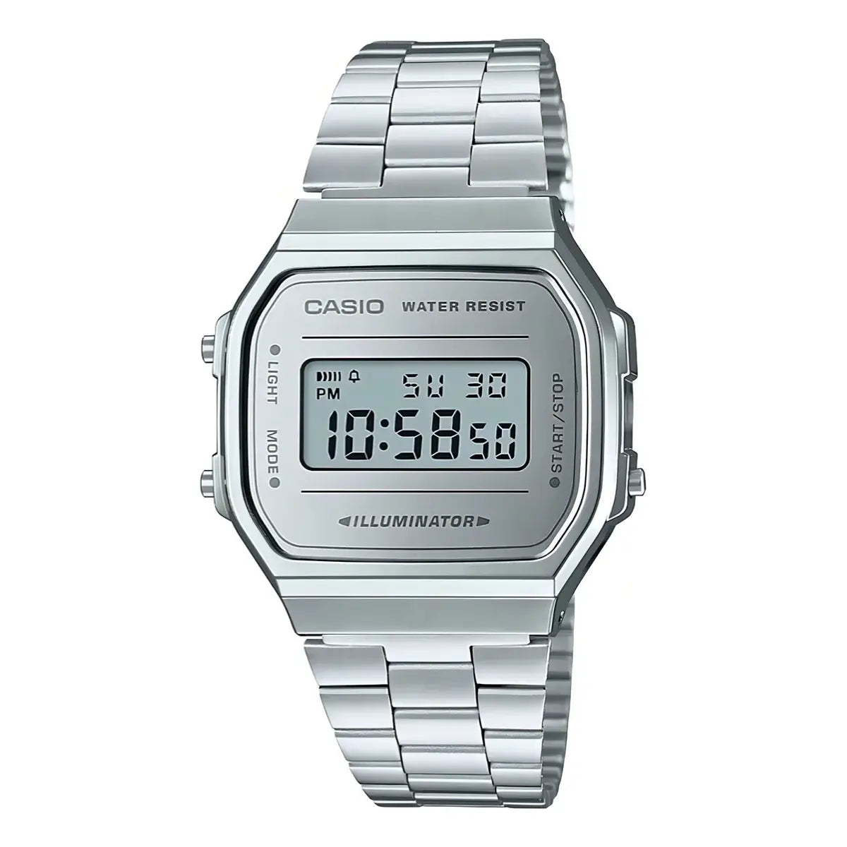 Reloj Casio Vintage Unisex Original E-watch Correa Gris, Bisel Plateado, Fondo Plateado - Casio - vista lateral