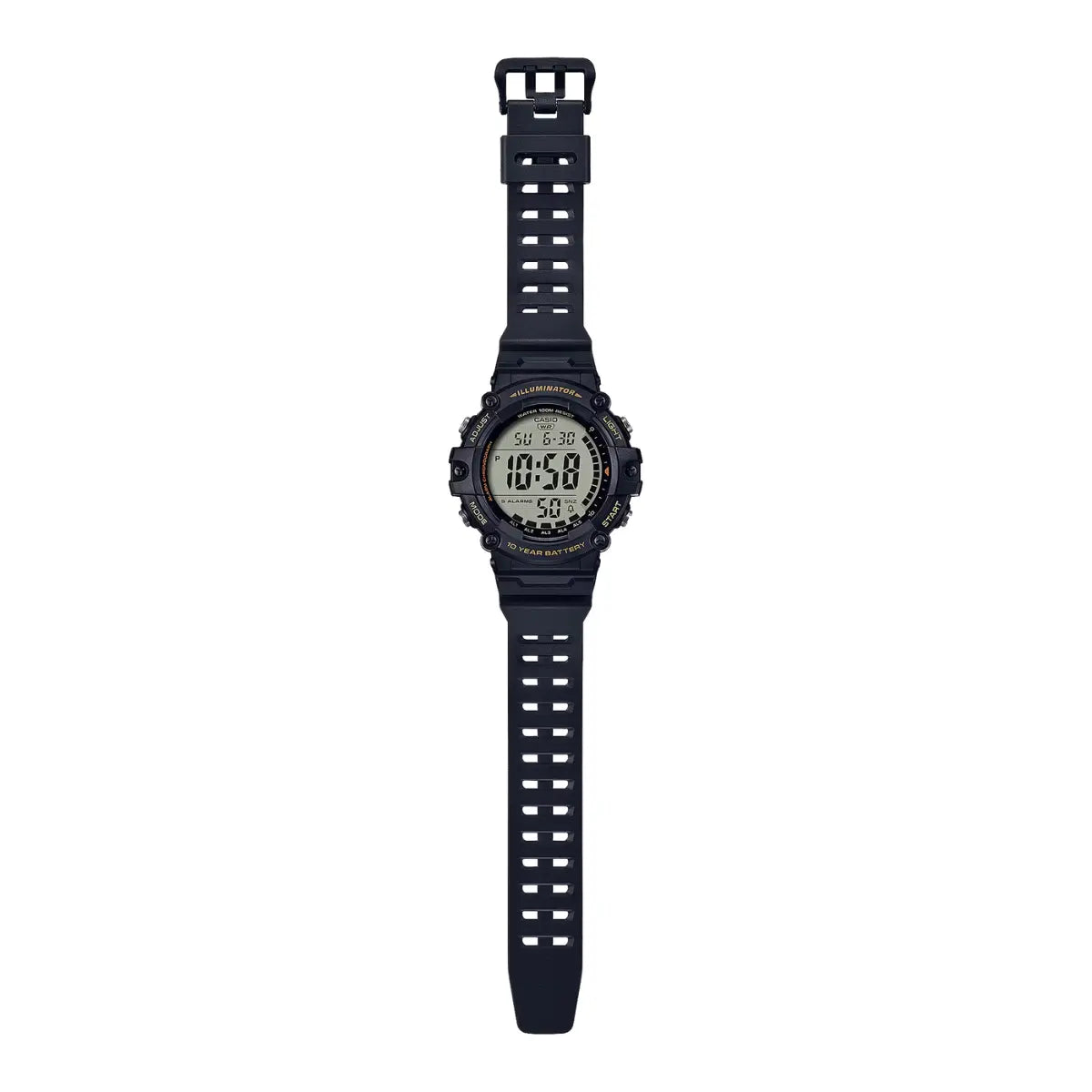 Reloj pulsera digital Casio AE-1500 Correa de resina color negro - fondo gris - bisel negro/amarillo - Casio - vista lateral
