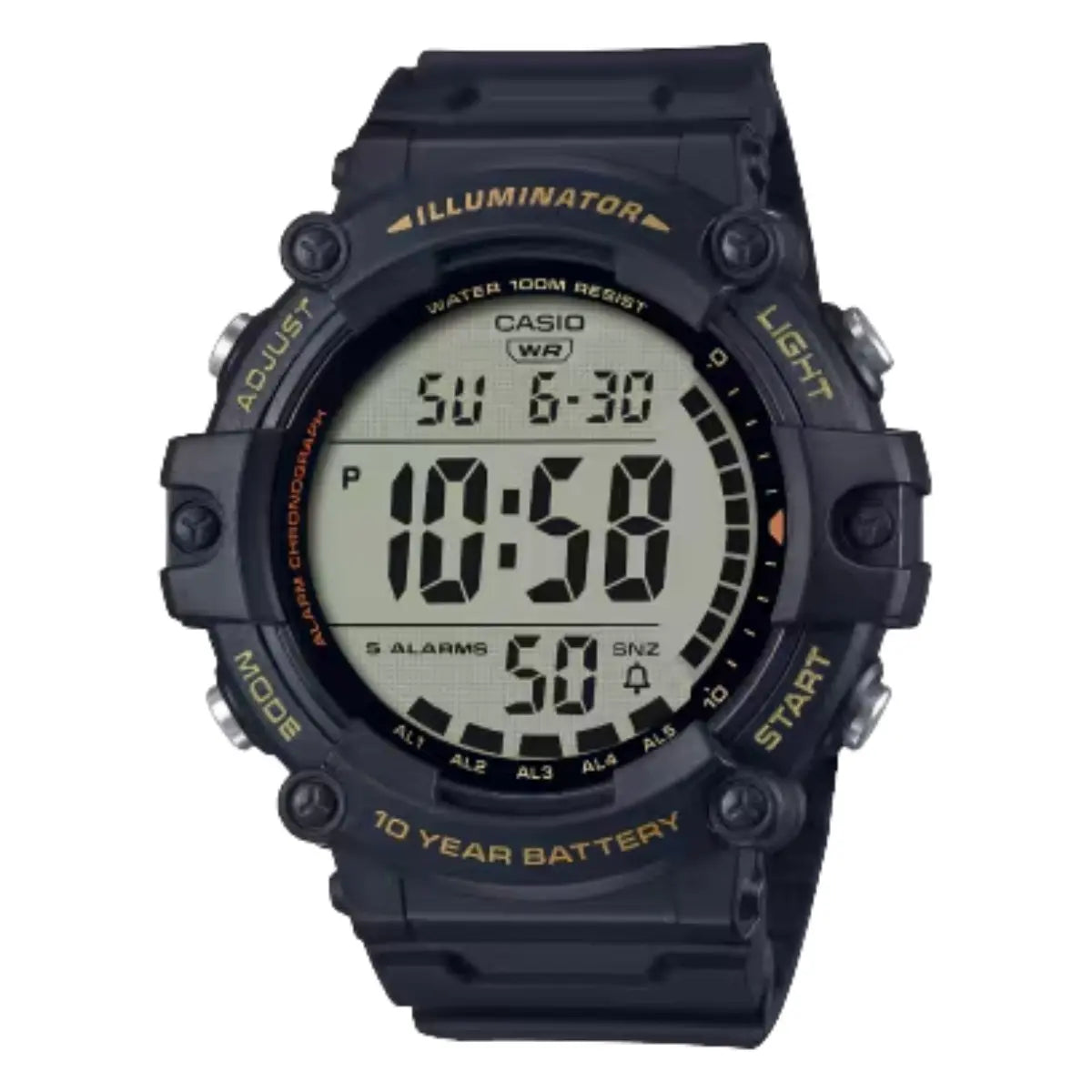 Reloj pulsera digital Casio AE-1500 Correa de resina color negro - fondo gris - bisel negro/amarillo - Casio
