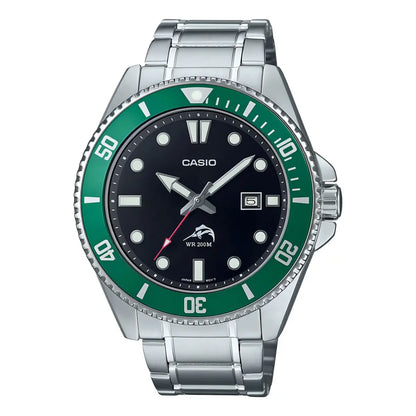 Reloj Casio Analogo Acero Inox Mdv-106dd-1a3vcf Correa Plateado Bisel Verde Oscuro Fondo Negro - Casio - vista lateral