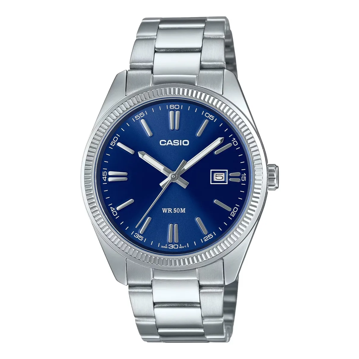 Reloj Casio Analógico Mtp-1302d-2av Plateado Fondo Azul