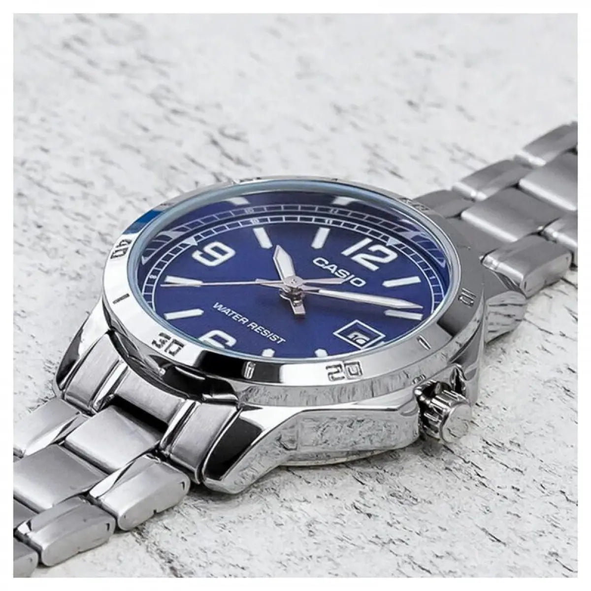 Reloj Casio Hombre Mtp-vd01d, 50m, Fondo Azu, Correa Plateado, Bisel Plateado - Casio