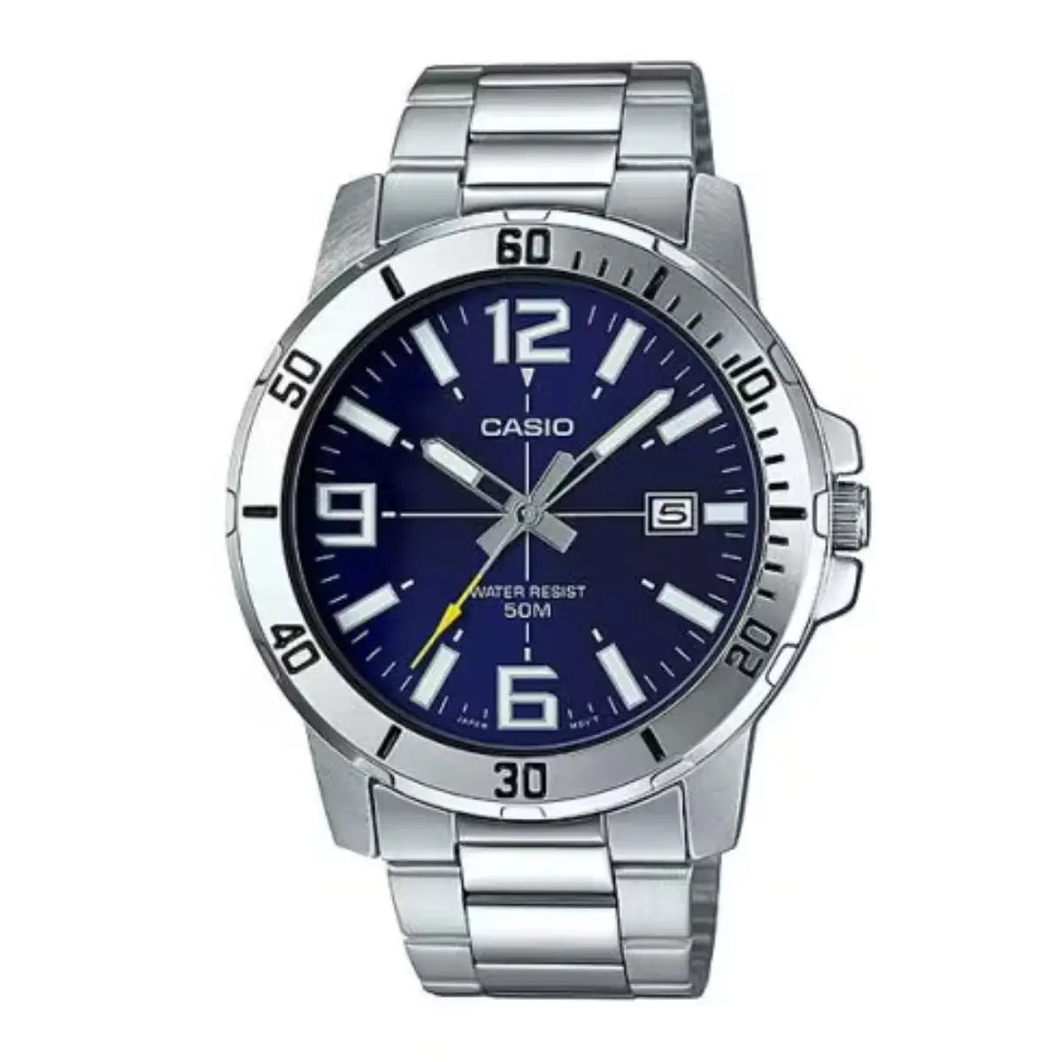 Reloj Casio Hombre Mtp-vd01d, 50m, Fondo Azu, Correa Plateado, Bisel Plateado - Casio - empaque