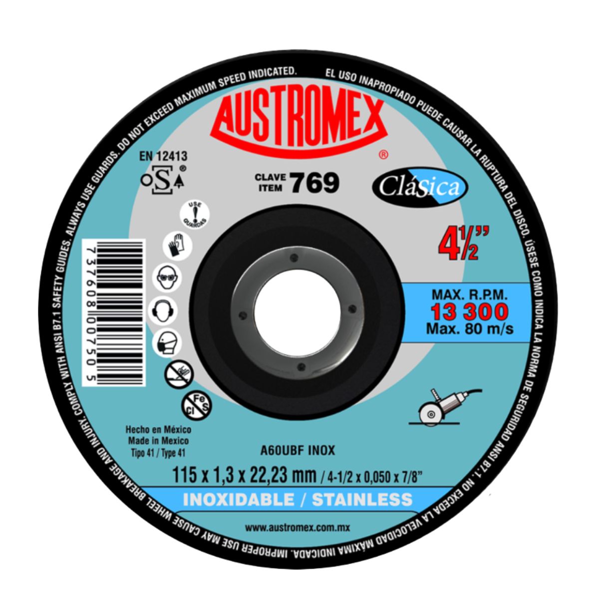 Disco abrasivo para corte de acero inoxidable de 115 x 1.3 x 22.23 mm Austromex