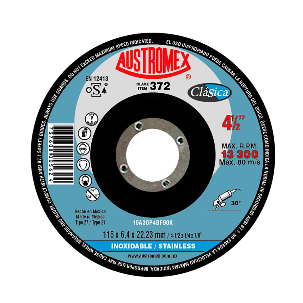 Disco abrasivo para desbaste de acero inoxidable de 115 x 6.4 x 22.23 mm