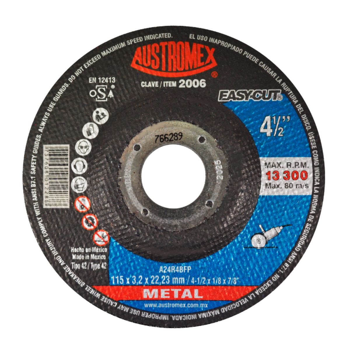 Disco abrasivo Austromex tipo 42 grano 24 de 115 x 3.2 x 22.23 mm