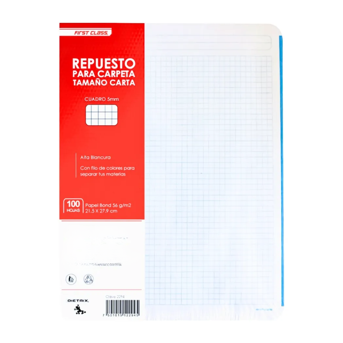 100 Hojas Repuesto Carpeta First Class Carta Cuadro Chico