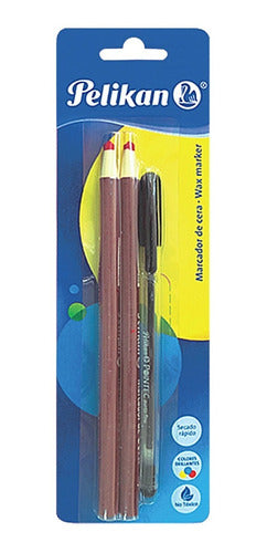 2 Marcadores Cera Rojo + Boligrafo Pointec Negro Pelikan